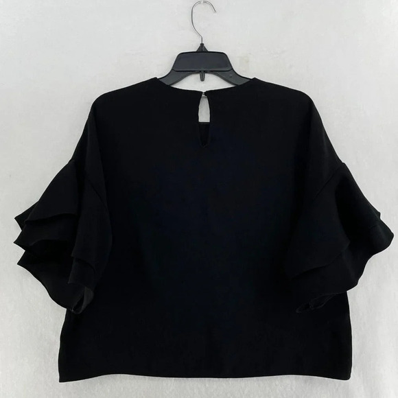 Zara Woman Blouse Women's M Black Ruffle Half Sleeves Round Neck Keyhole Back - Picture 2 of 11